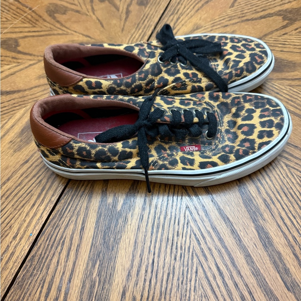 Vans Era 59 'Leopard' canvas shoes with brown leather accents.